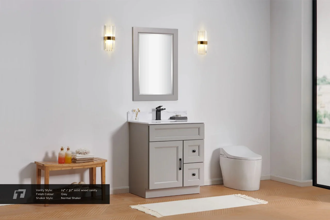 30″ Solid Wood Light Grey Shaker Style Vanity Gs30 With Quartz Top - Image 3