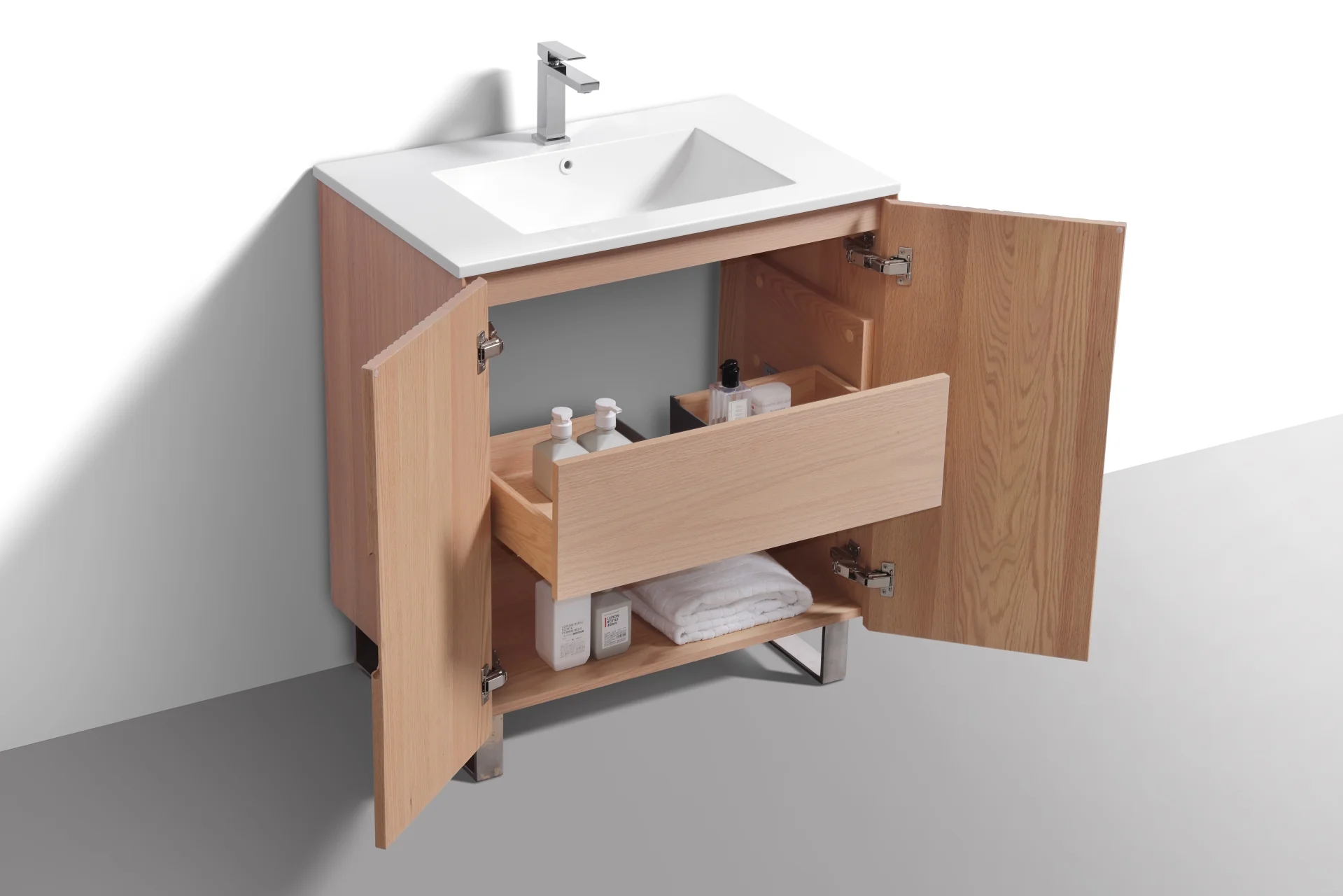 32” Fiore Free Standing Bathroom Vanity w/ Chrome Legs – Oakwood - Image 5