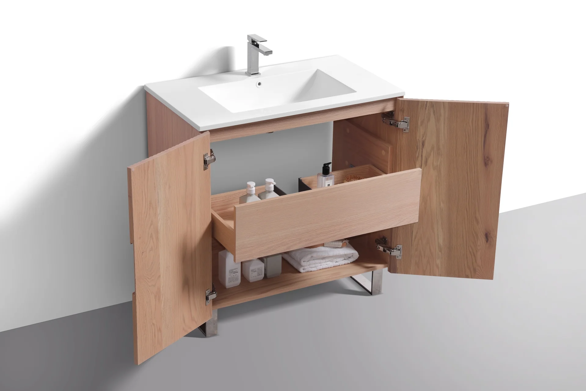 36” Fiore Free Standing Bathroom Vanity w/ Chrome Legs – Oakwood - Image 7