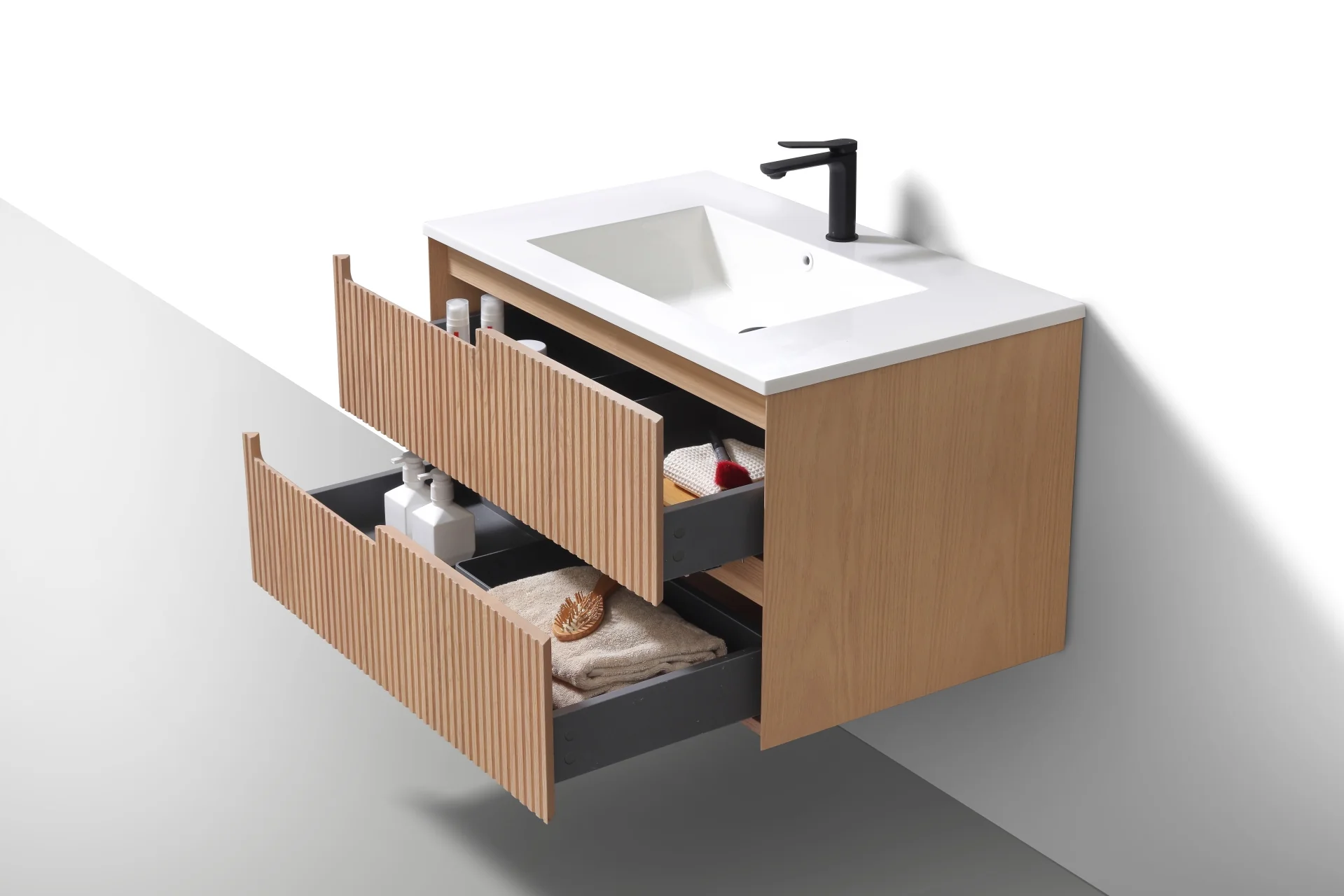 36” Fiore Modern Wall Mount Bathroom Vanity – Oakwood – Left Handle - Image 3