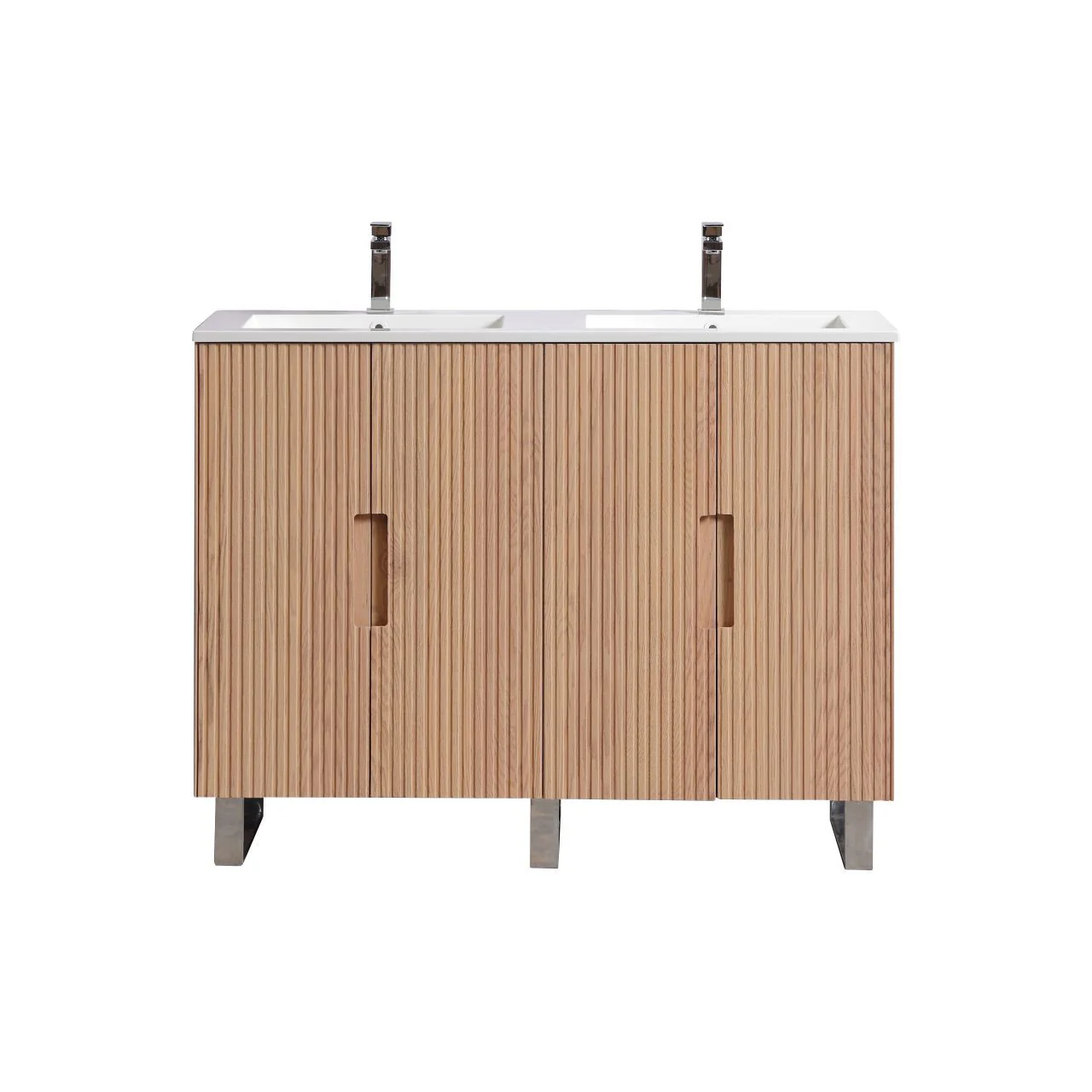 48” Fiore Double Sink Free Standing Bathroom Vanity w/ Chrome Legs – Oakwood - Image 2