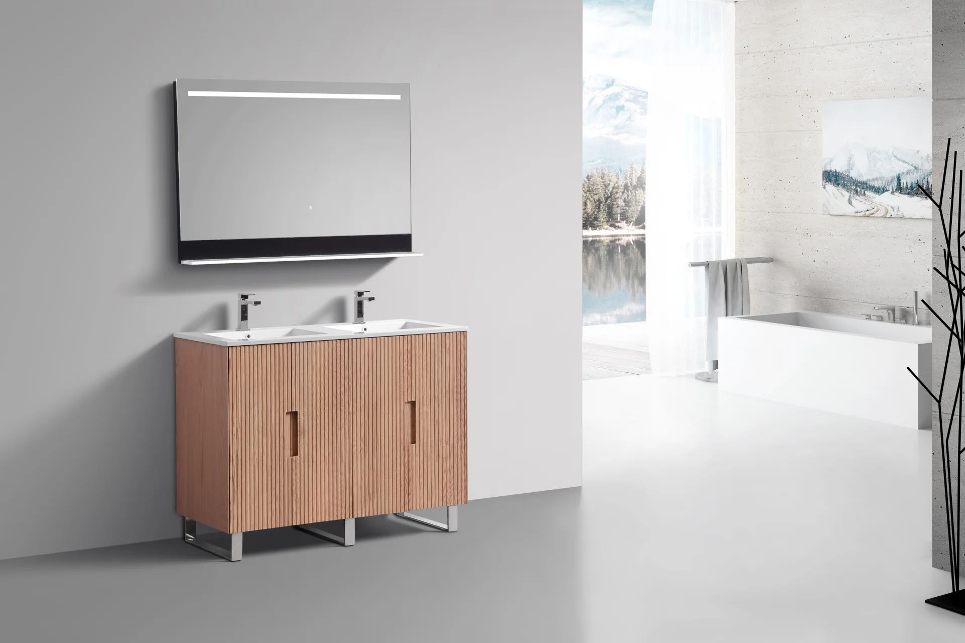 48” Fiore Double Sink Free Standing Bathroom Vanity w/ Chrome Legs – Oakwood - Image 3
