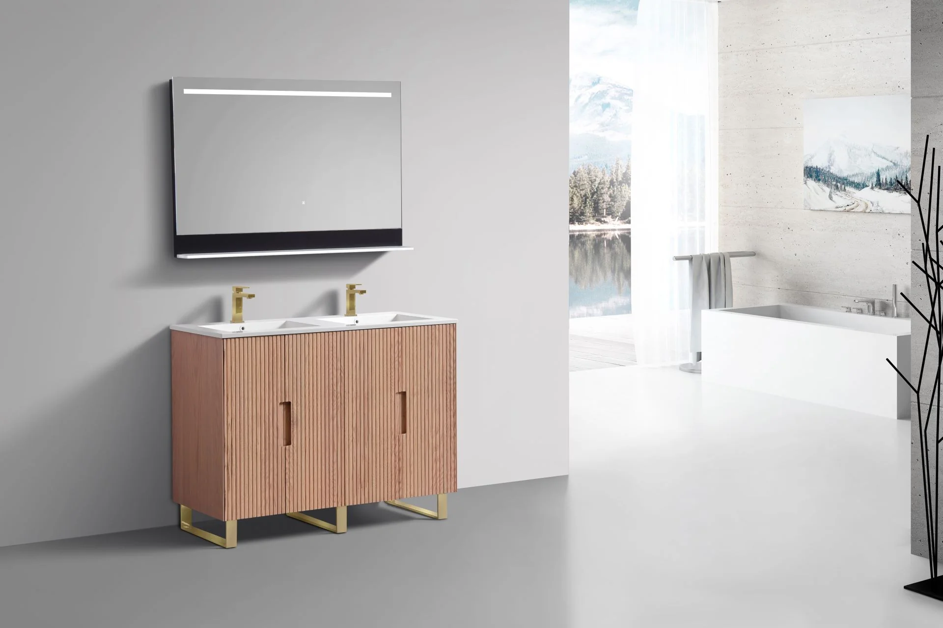 48” Fiore Double Sink Free Standing Bathroom Vanity w/ Gold Legs – Oakwood - Image 3