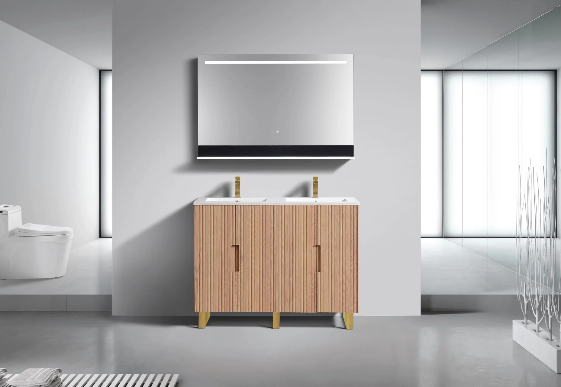 48” Fiore Double Sink Free Standing Bathroom Vanity w/ Gold Legs – Oakwood - Image 4