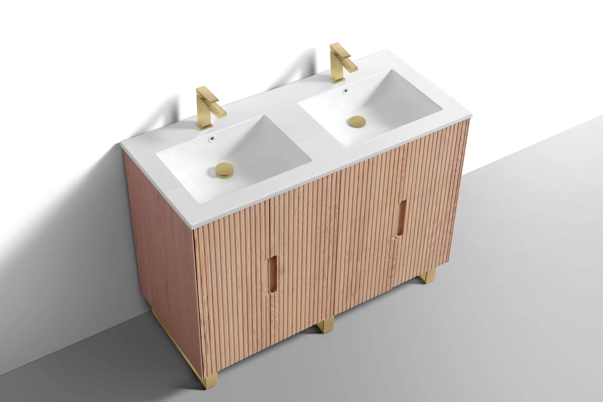 48” Fiore Double Sink Free Standing Bathroom Vanity w/ Gold Legs – Oakwood - Image 5