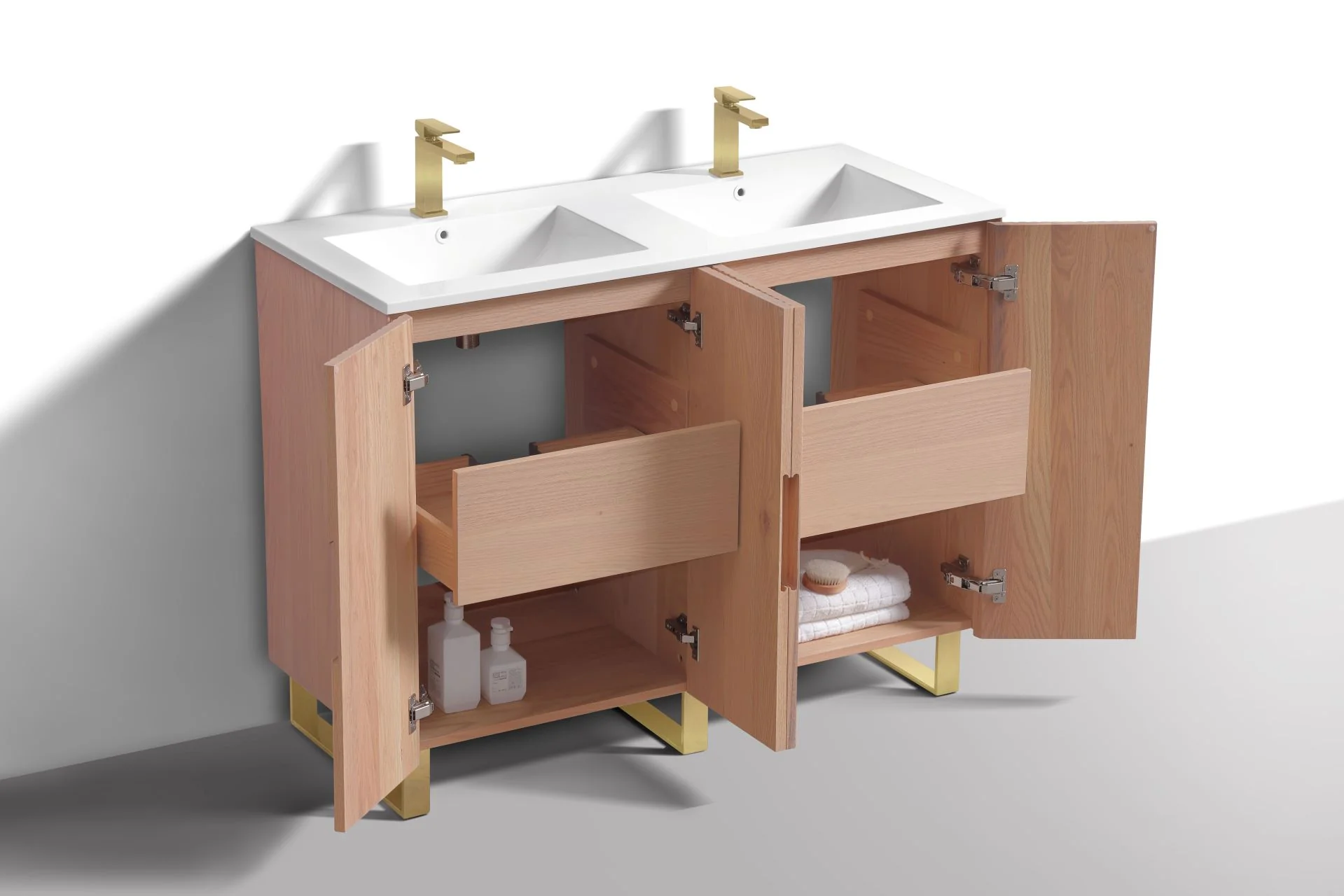 48” Fiore Double Sink Free Standing Bathroom Vanity w/ Gold Legs – Oakwood - Image 6