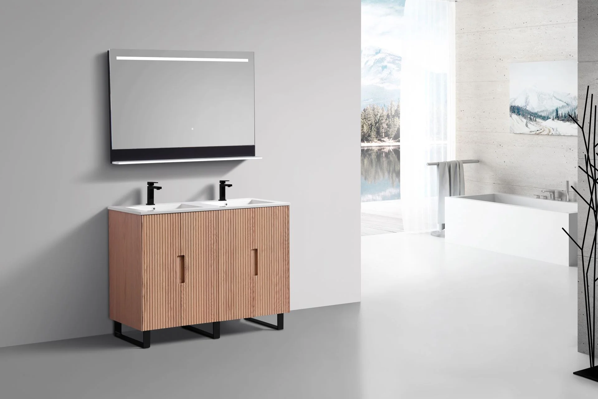 48” Fiore Double Sink Free Standing Bathroom Vanity w/ Matte Black Legs – Oakwood - Image 3