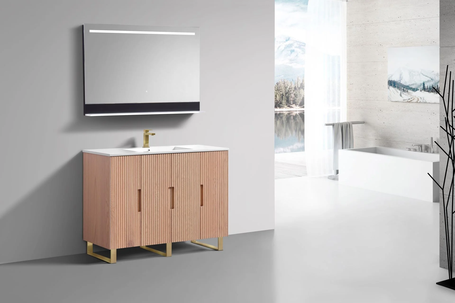 48” Fiore Single Sink Free Standing Bathroom Vanity w/ Gold Legs – Oakwood - Image 3