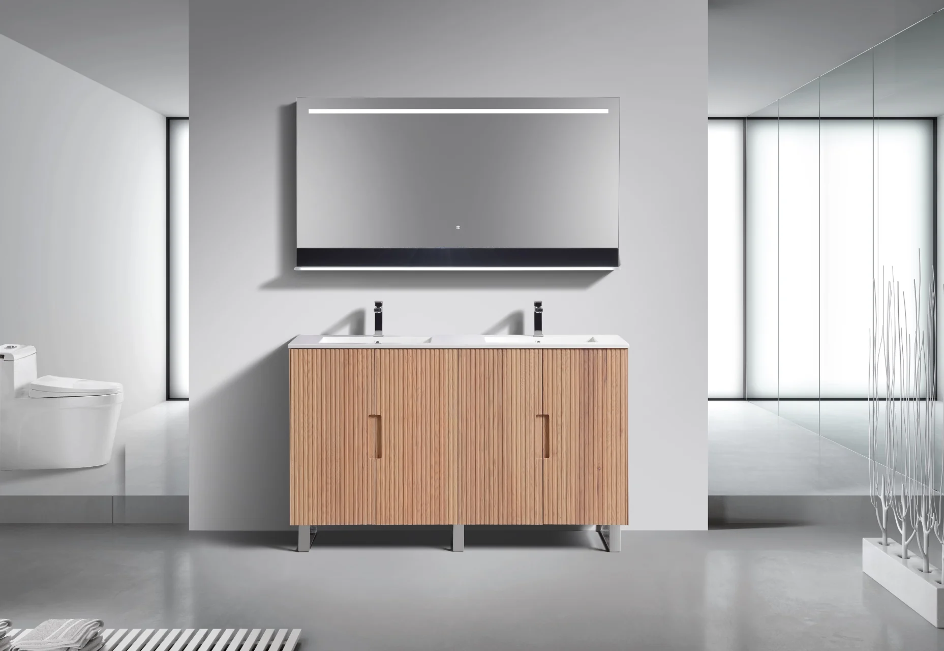 60” Fiore Double Sink Free Standing Bathroom Vanity w/ Chrome Legs – Oakwood - Image 4