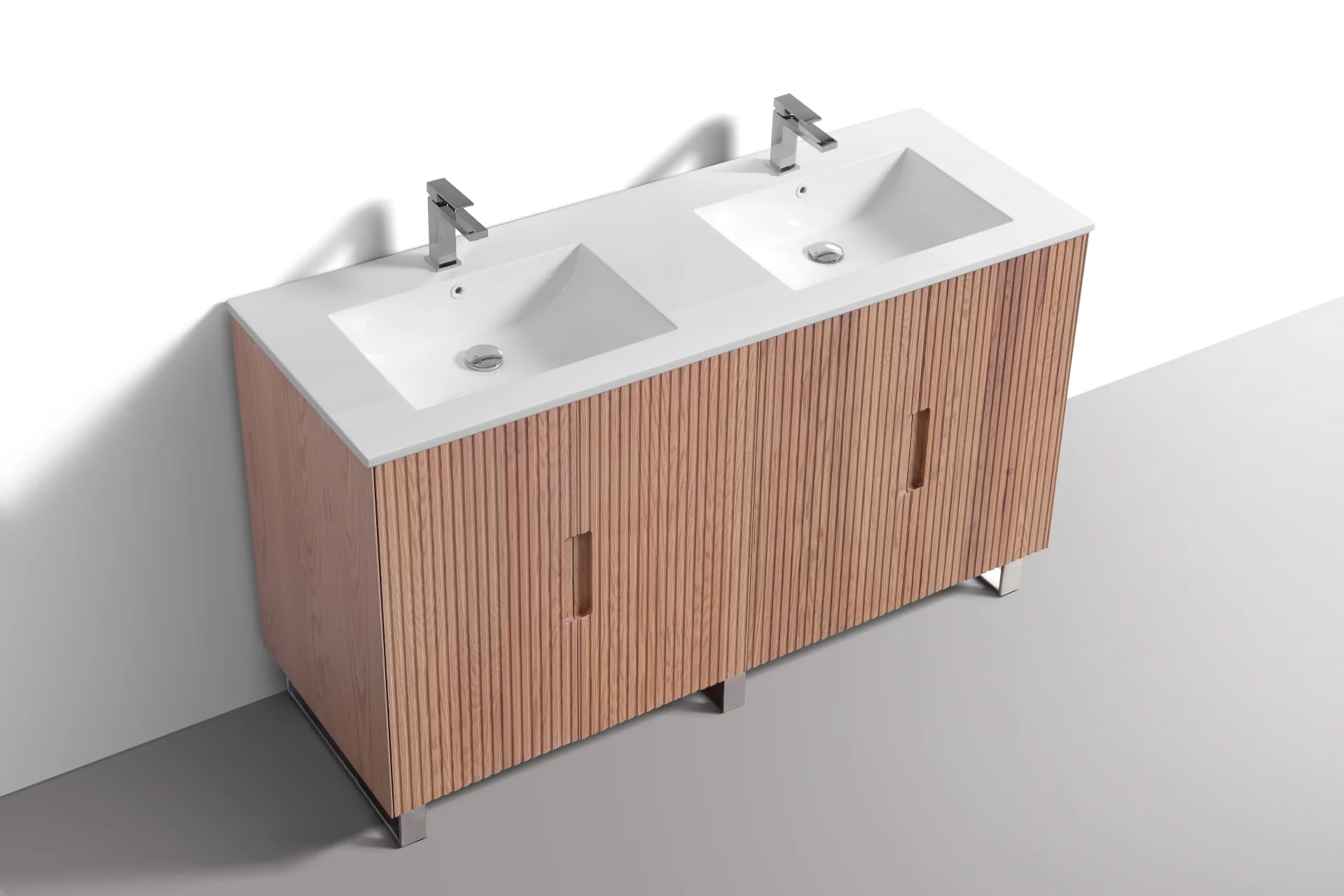 60” Fiore Double Sink Free Standing Bathroom Vanity w/ Chrome Legs – Oakwood - Image 5