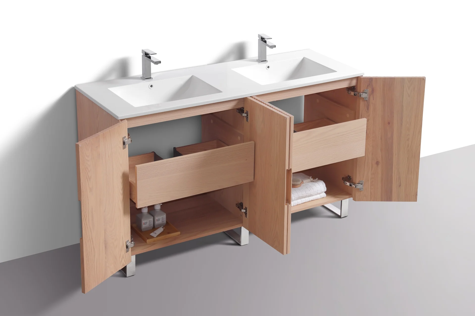 60” Fiore Double Sink Free Standing Bathroom Vanity w/ Chrome Legs – Oakwood - Image 6