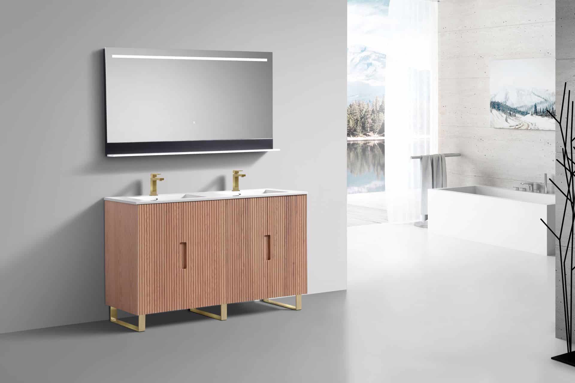 60” Fiore Double Sink Free Standing Bathroom Vanity w/ Gold Legs – Oakwood - Image 3