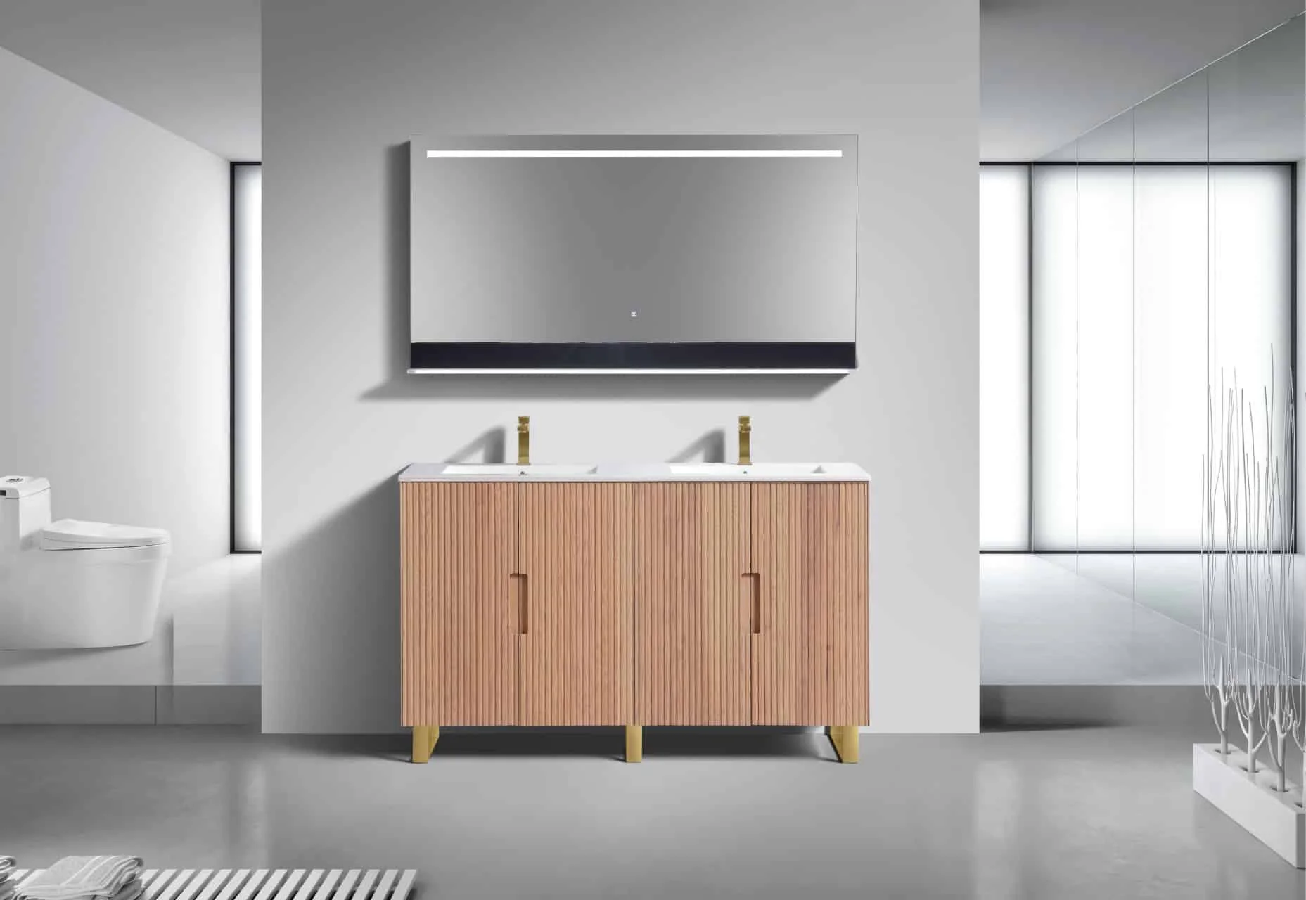 60” Fiore Double Sink Free Standing Bathroom Vanity w/ Gold Legs – Oakwood - Image 4