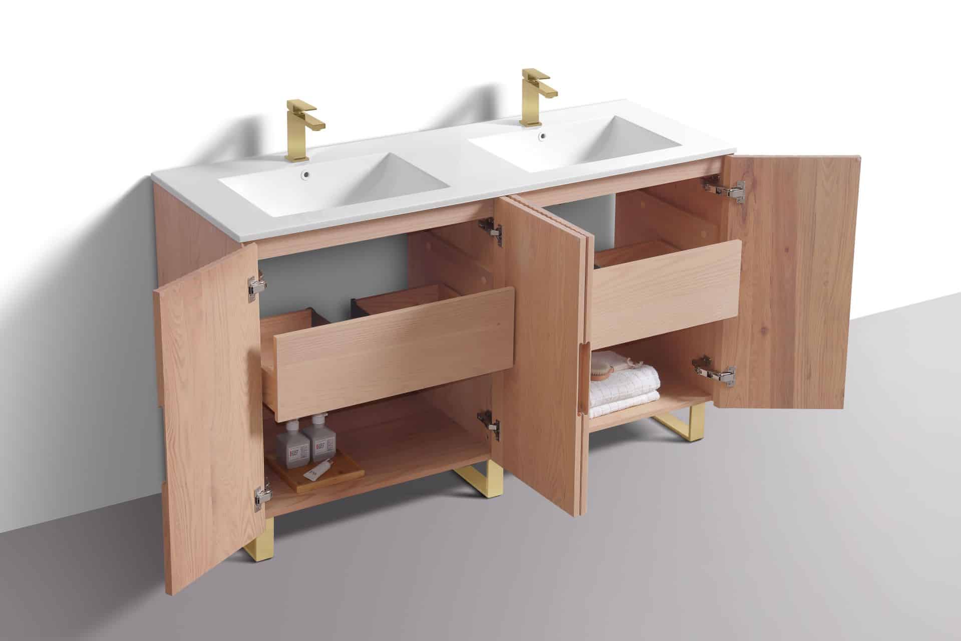 60” Fiore Double Sink Free Standing Bathroom Vanity w/ Gold Legs – Oakwood - Image 6