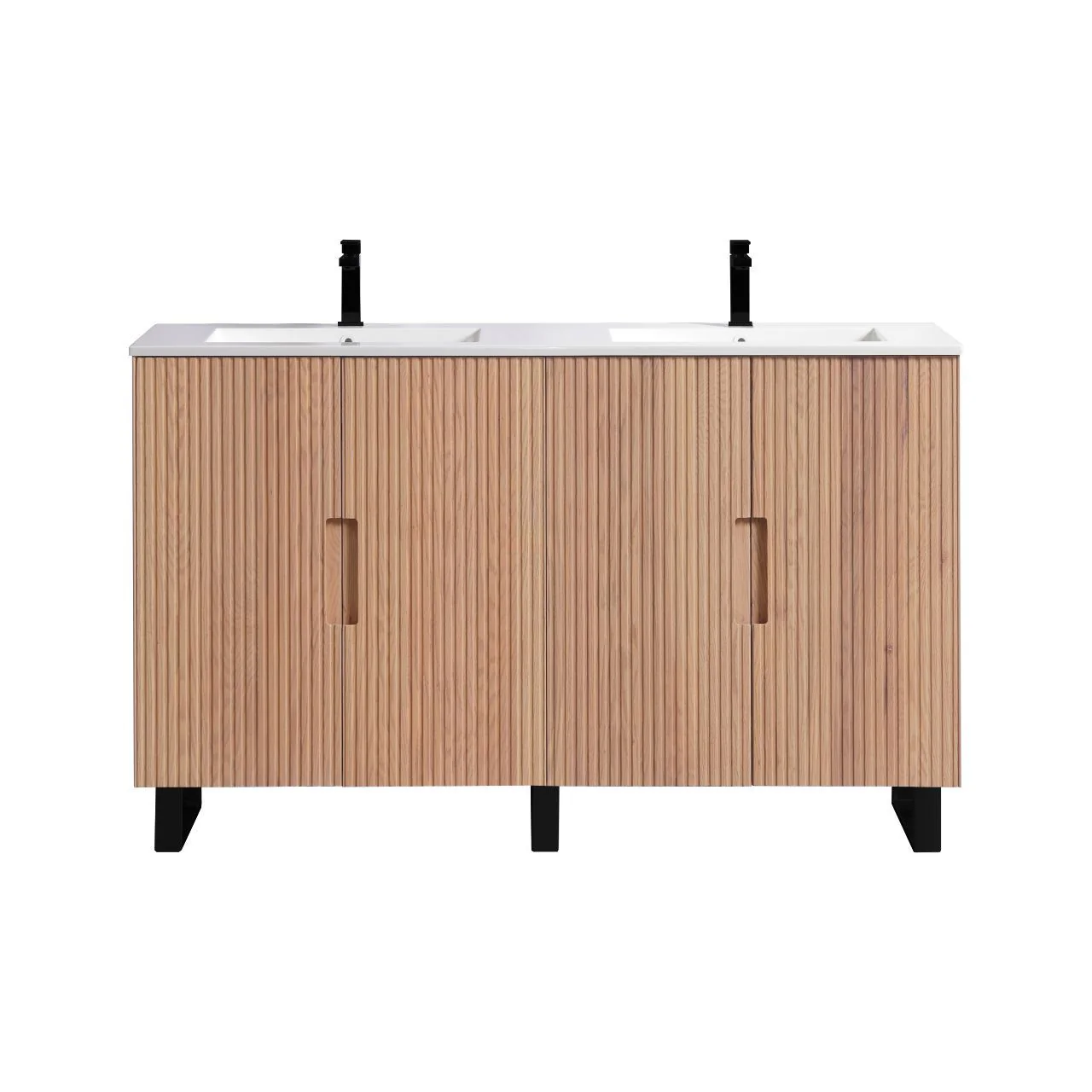 60” Fiore Double Sink Free Standing Bathroom Vanity w/ Matte Black Legs – Oakwood - Image 2