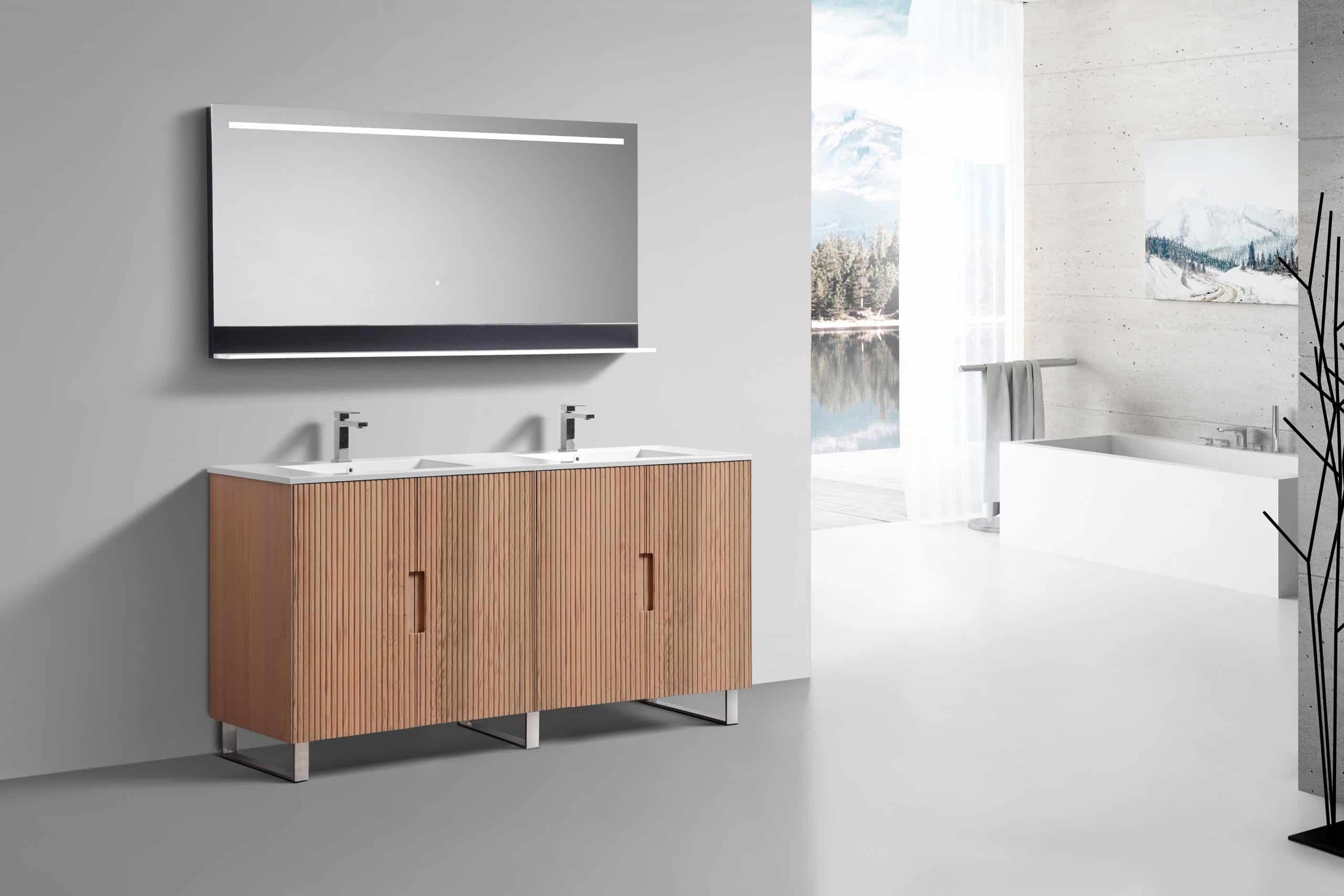 71.2” Fiore Double Sink Free Standing Bathroom Vanity w/ Chrome Legs – Oakwood (ETA - MID DECEMBER) - Image 2