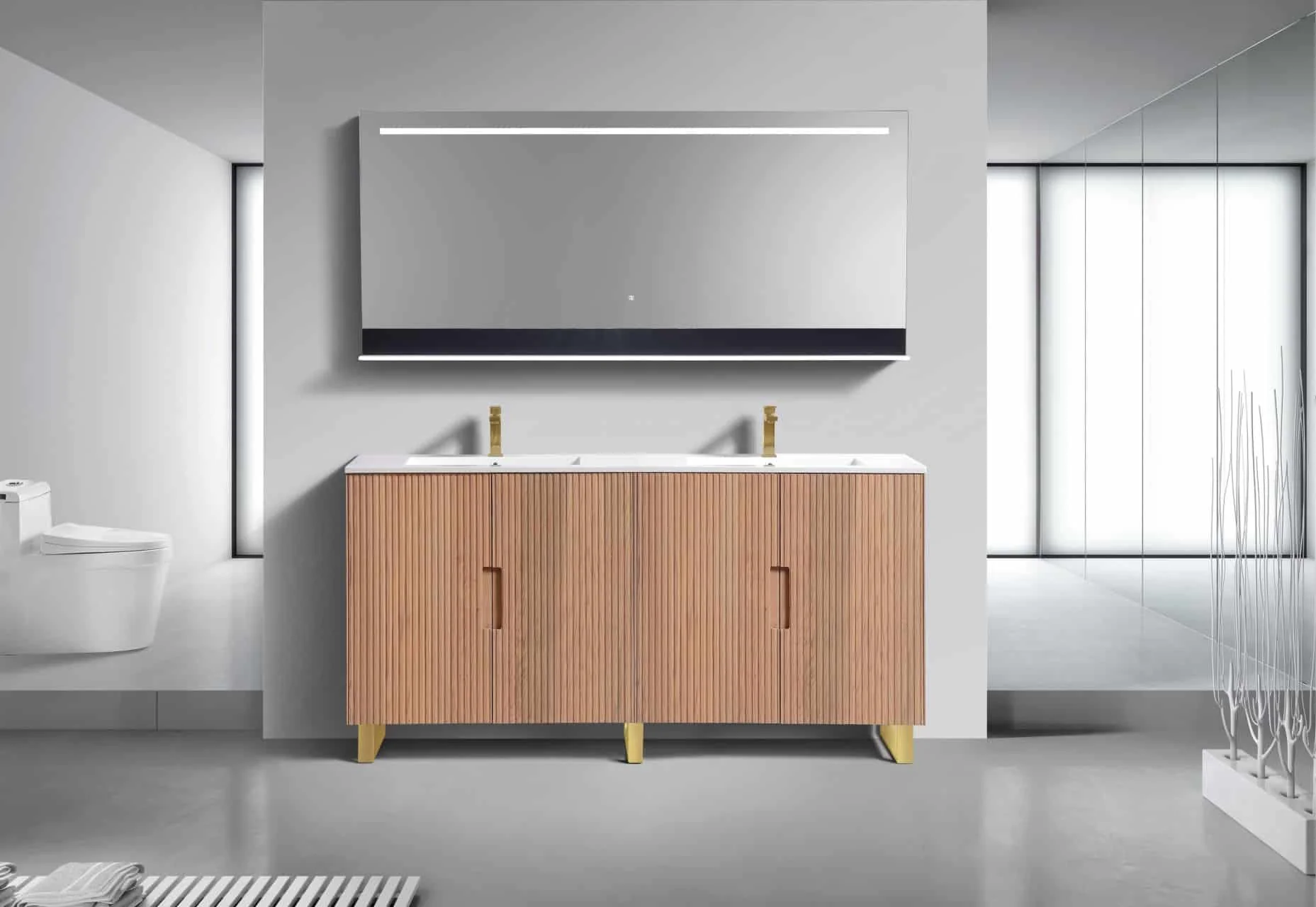 71.2” Fiore Double Sink Free Standing Bathroom Vanity w/ Gold Legs – Oakwood - Image 4