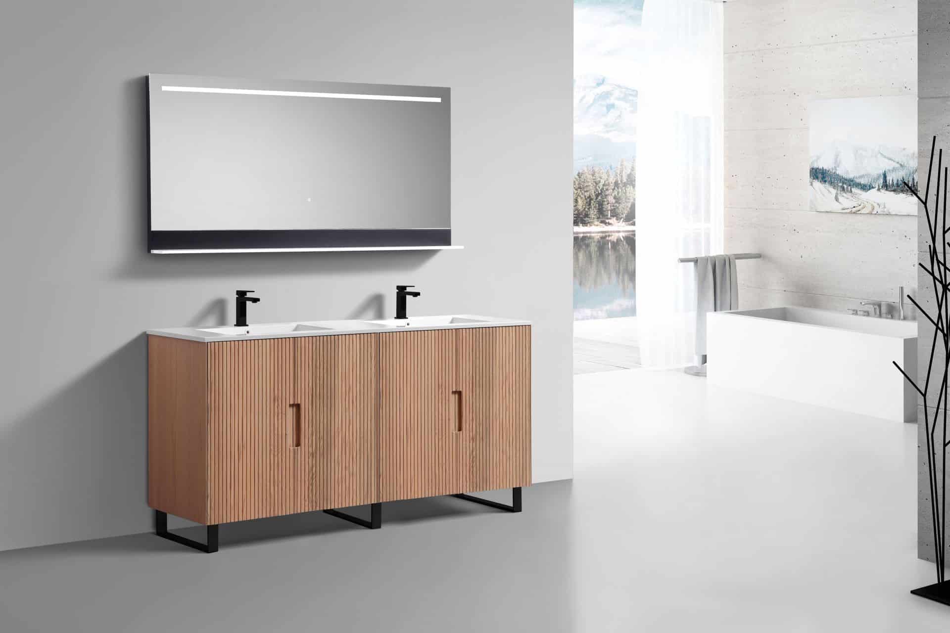 71.2” Fiore Double Sink Free Standing Bathroom Vanity w/ Matte Black Legs – Oakwood - Image 3