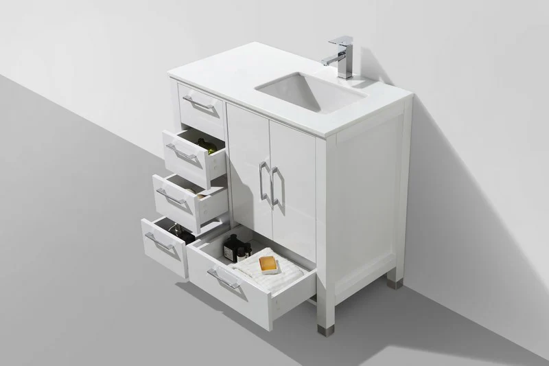 Anziano 36′′ Inch High Gloss White Vanity W/ White Countertop – Left Side Drawers - Image 3
