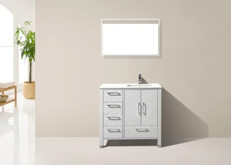 Anziano 36′′ Inch High Gloss White Vanity W/ White Countertop – Left Side Drawers - Image 4