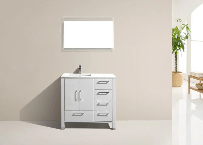 Anziano 36″ Inch High Gloss White Vanity W/ White Countertop – Right Side Drawers( ETA - JUNE ) - Image 4