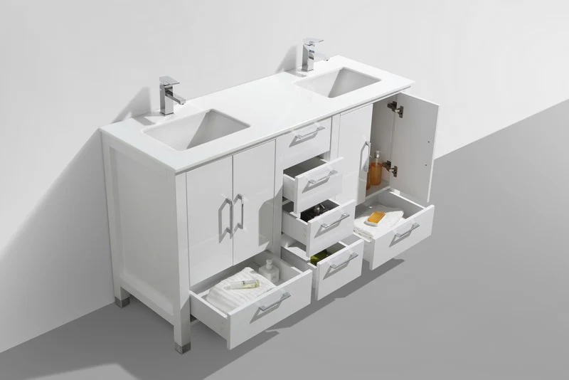 Anziano 60″ Inch High Gloss White Double Sink Vanity W/ White Countertop - Image 3