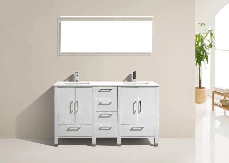 Anziano 60″ Inch High Gloss White Double Sink Vanity W/ White Countertop - Image 4