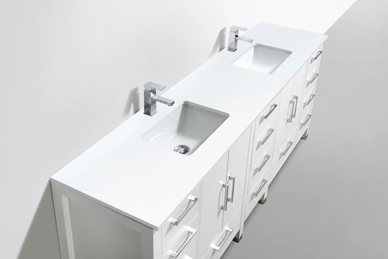 Anziano 84″ High Gloss White Double Sink Vanity w/ White Countertop - Image 3