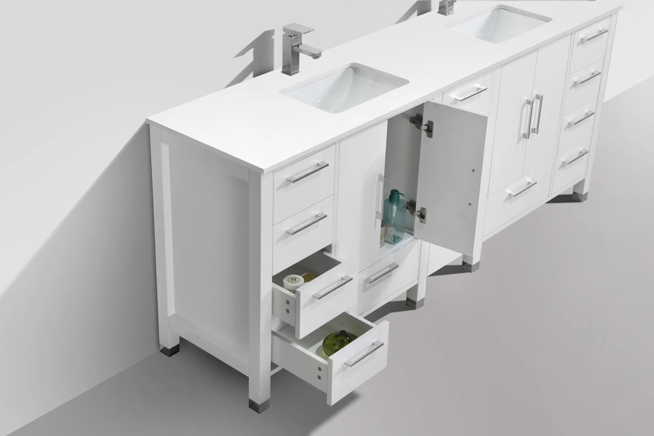 Anziano 84″ High Gloss White Double Sink Vanity w/ White Countertop - Image 4