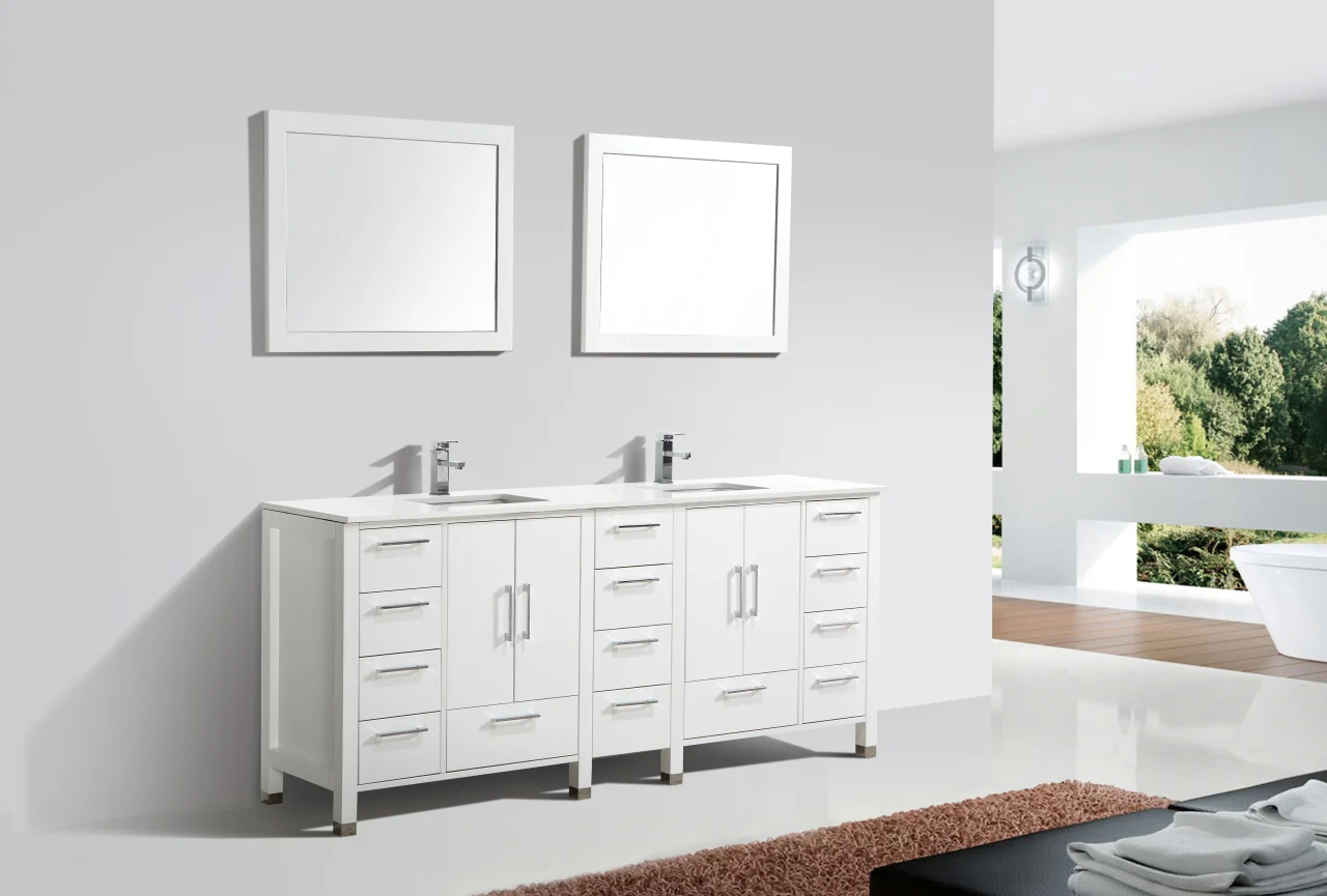 Anziano 84″ High Gloss White Double Sink Vanity w/ White Countertop - Image 5
