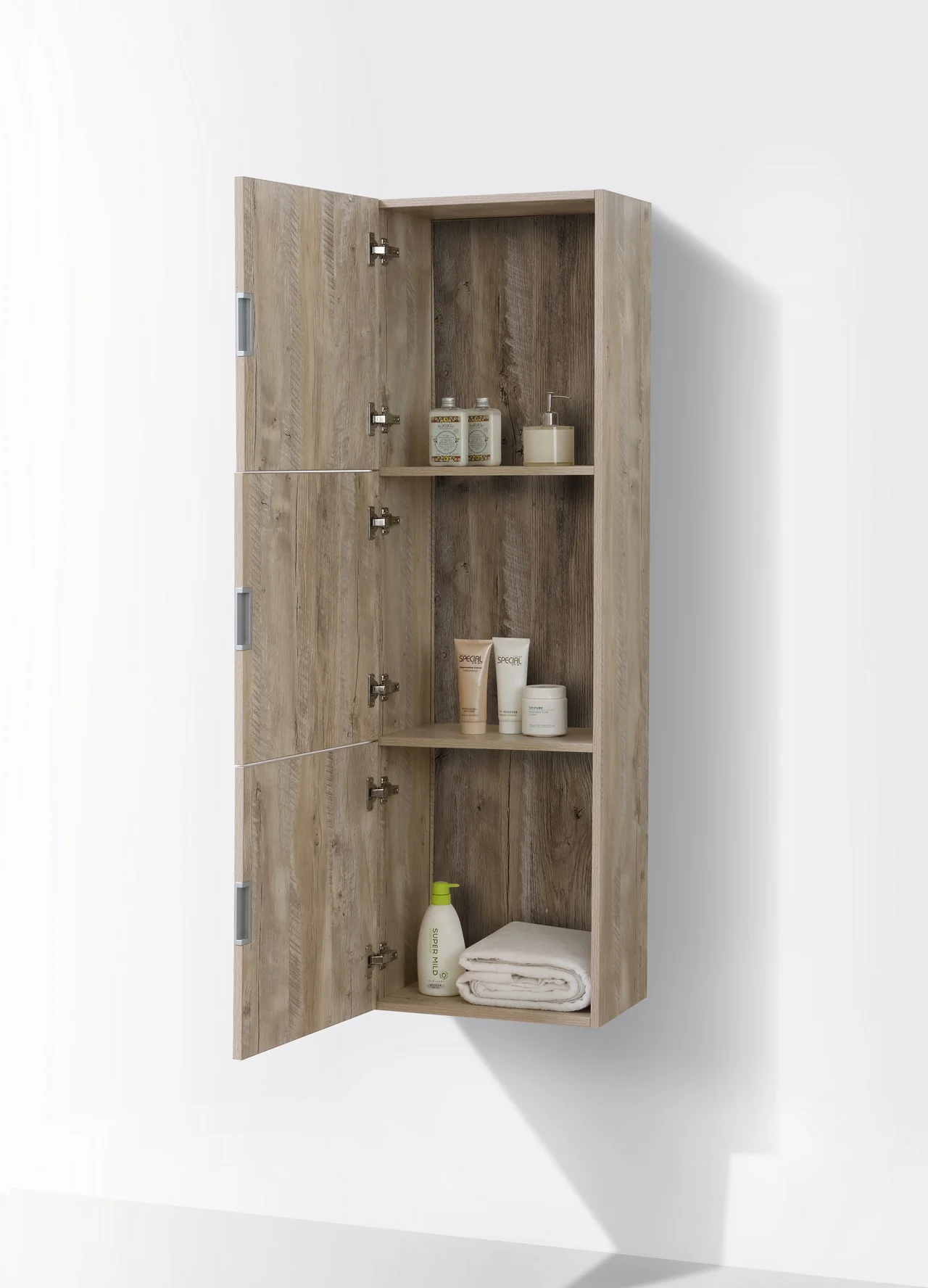 Bathroom Nature Wood Linen Side Cabinet w/ 3 Large Storage Areas - Image 4
