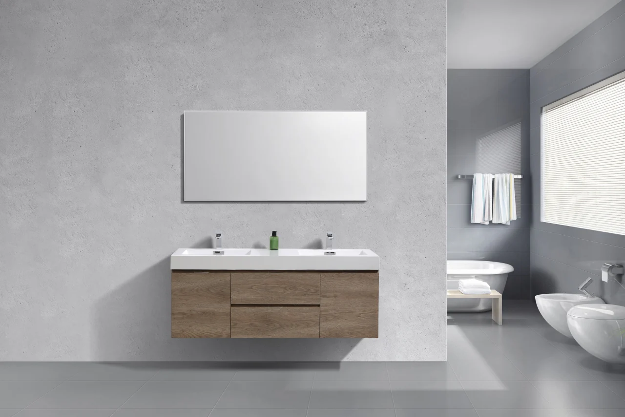 Bliss 60″ Inch Butternut Wall Mount Double Sink Modern Bathroom Vanity - Image 2