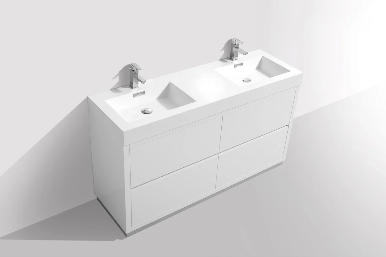 Bliss 60″ Inch Double Sink High Gloss White Free Standing Modern Bathroom Vanity - Image 7