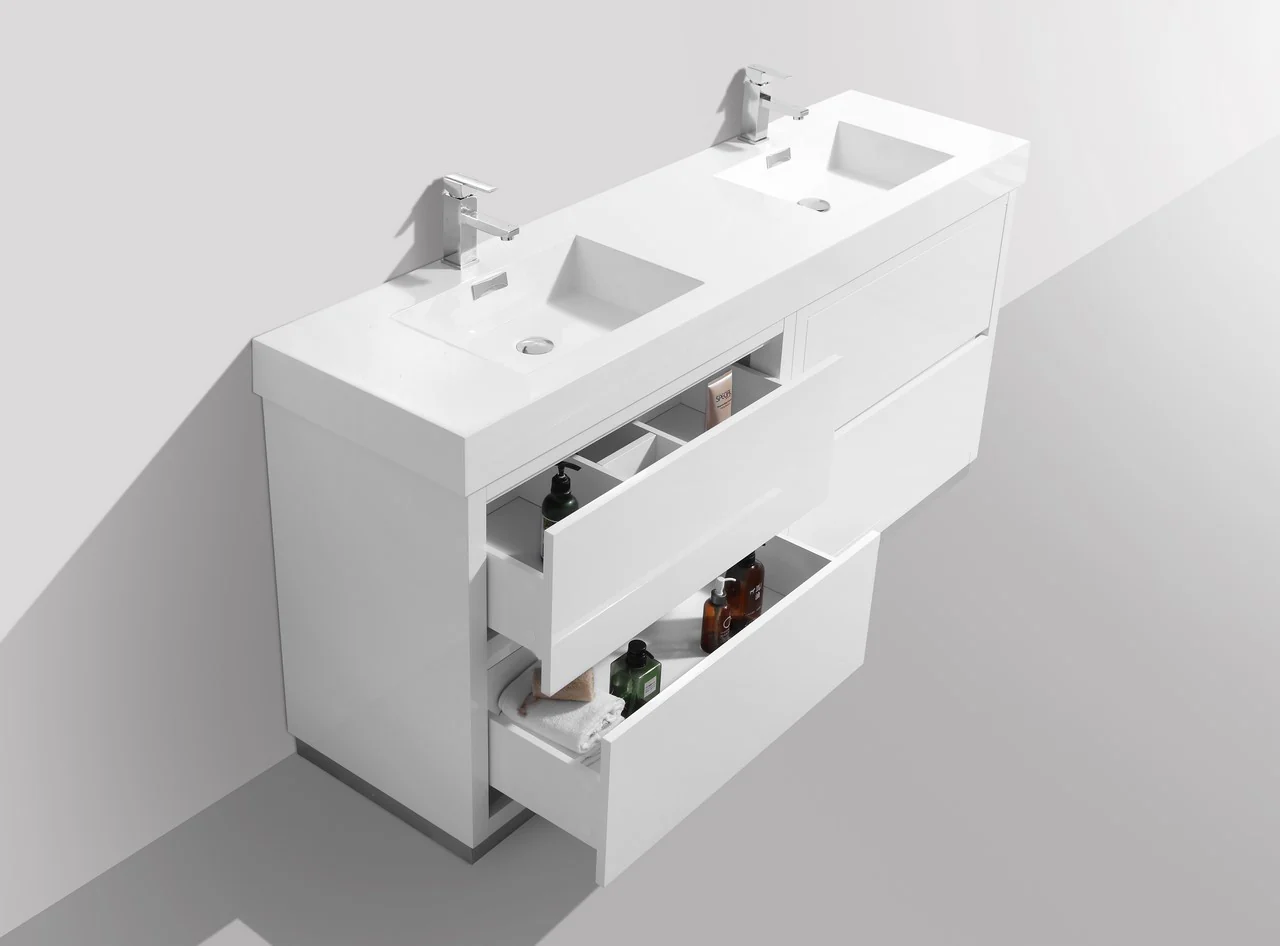 Bliss 60″ Inch Double Sink High Gloss White Free Standing Modern Bathroom Vanity - Image 8