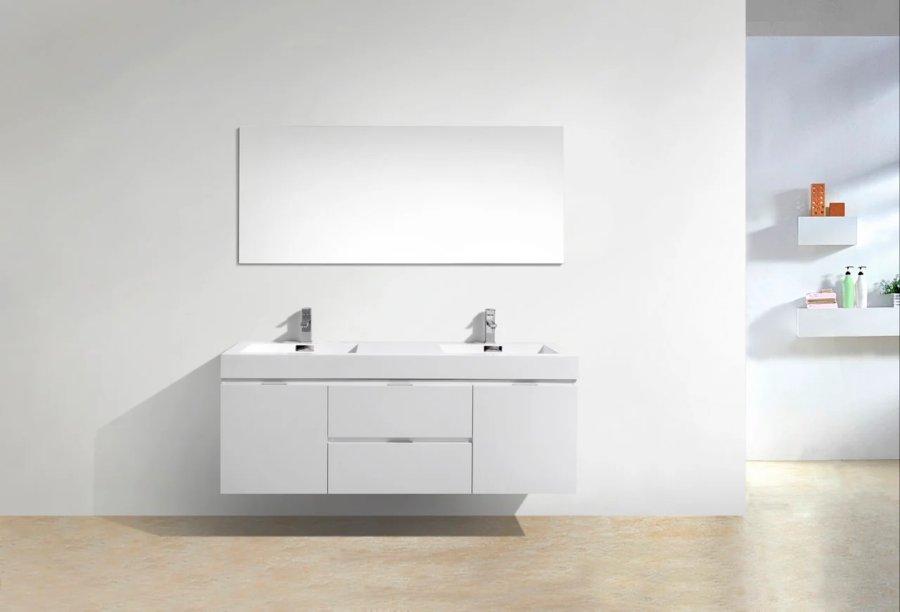 Bliss 60″ Inch High Gloss White Wall Mount Double Sink Modern Bathroom Vanity - Image 3