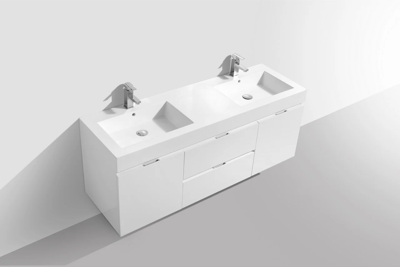 Bliss 60″ Inch High Gloss White Wall Mount Double Sink Modern Bathroom Vanity - Image 4