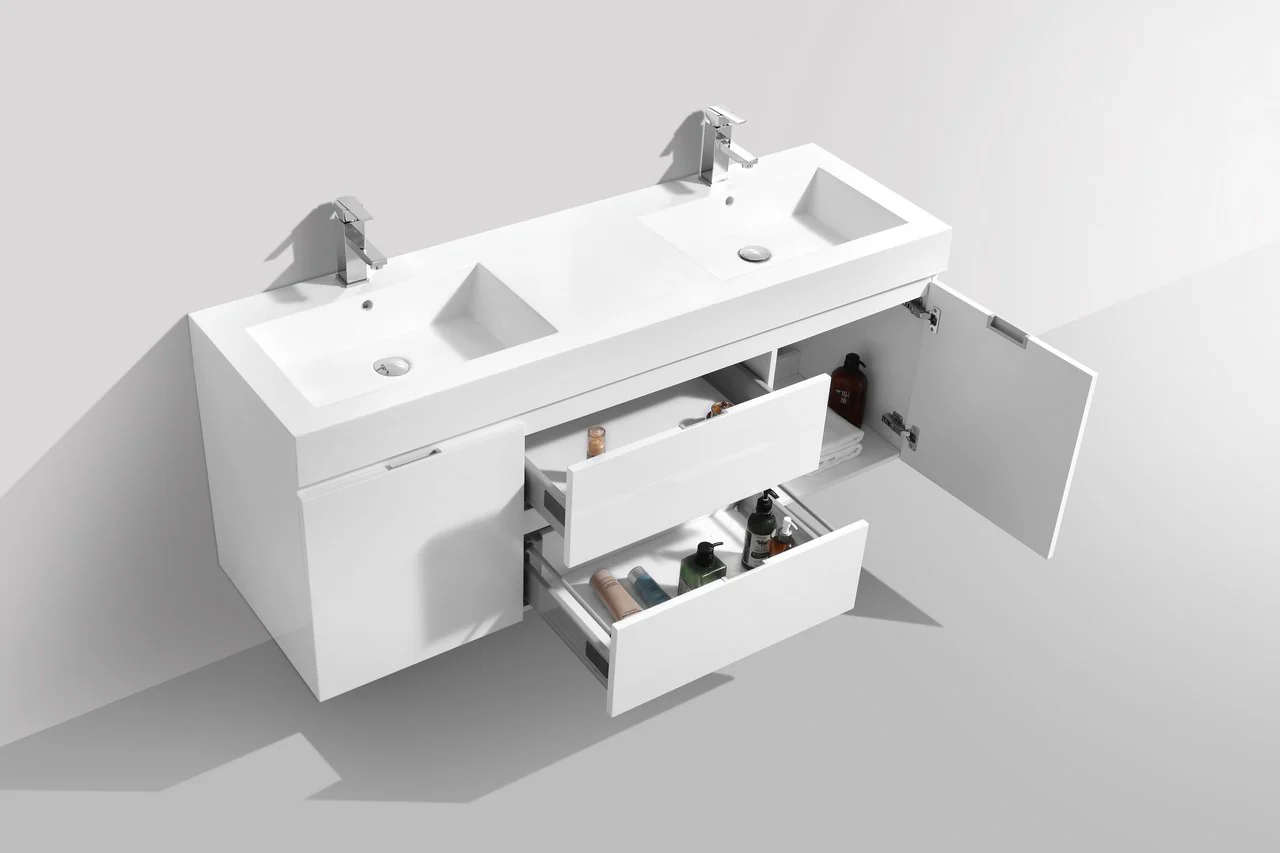 Bliss 60″ Inch High Gloss White Wall Mount Double Sink Modern Bathroom Vanity - Image 5