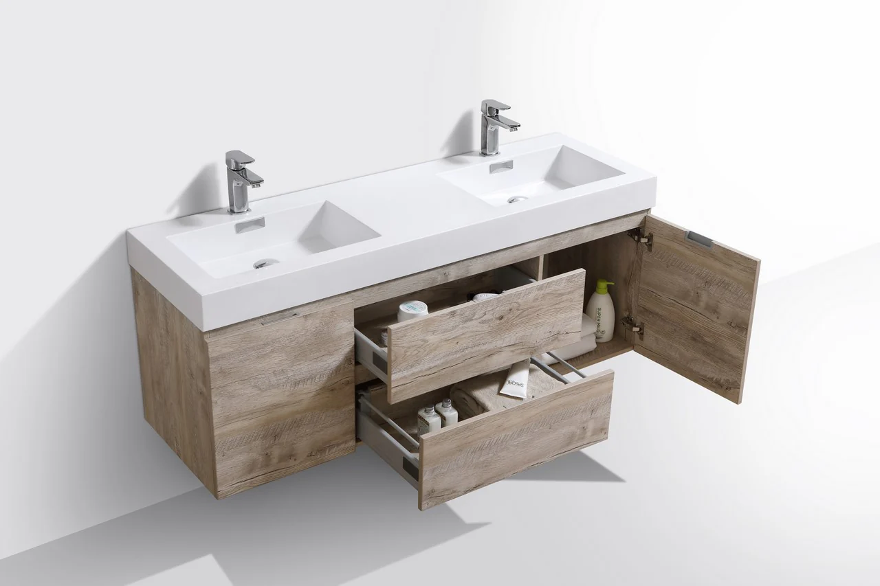 Bliss 60″ Inch Nature Wood Wall Mount Double Sink Modern Bathroom Vanity - Image 3