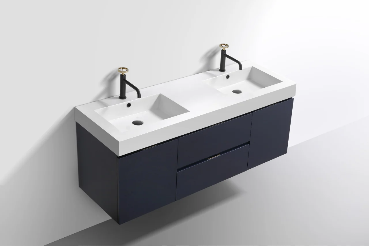 Bliss 60″ Inch Navy Blue Wall Mount Double Sink Modern Bathroom Vanity - Image 2