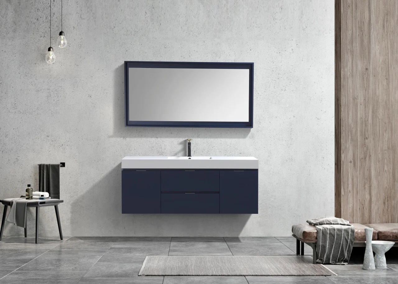 Bliss 60″ Inch Navy Blue Wall Mount Single Sink Modern Bathroom Vanity - Image 3