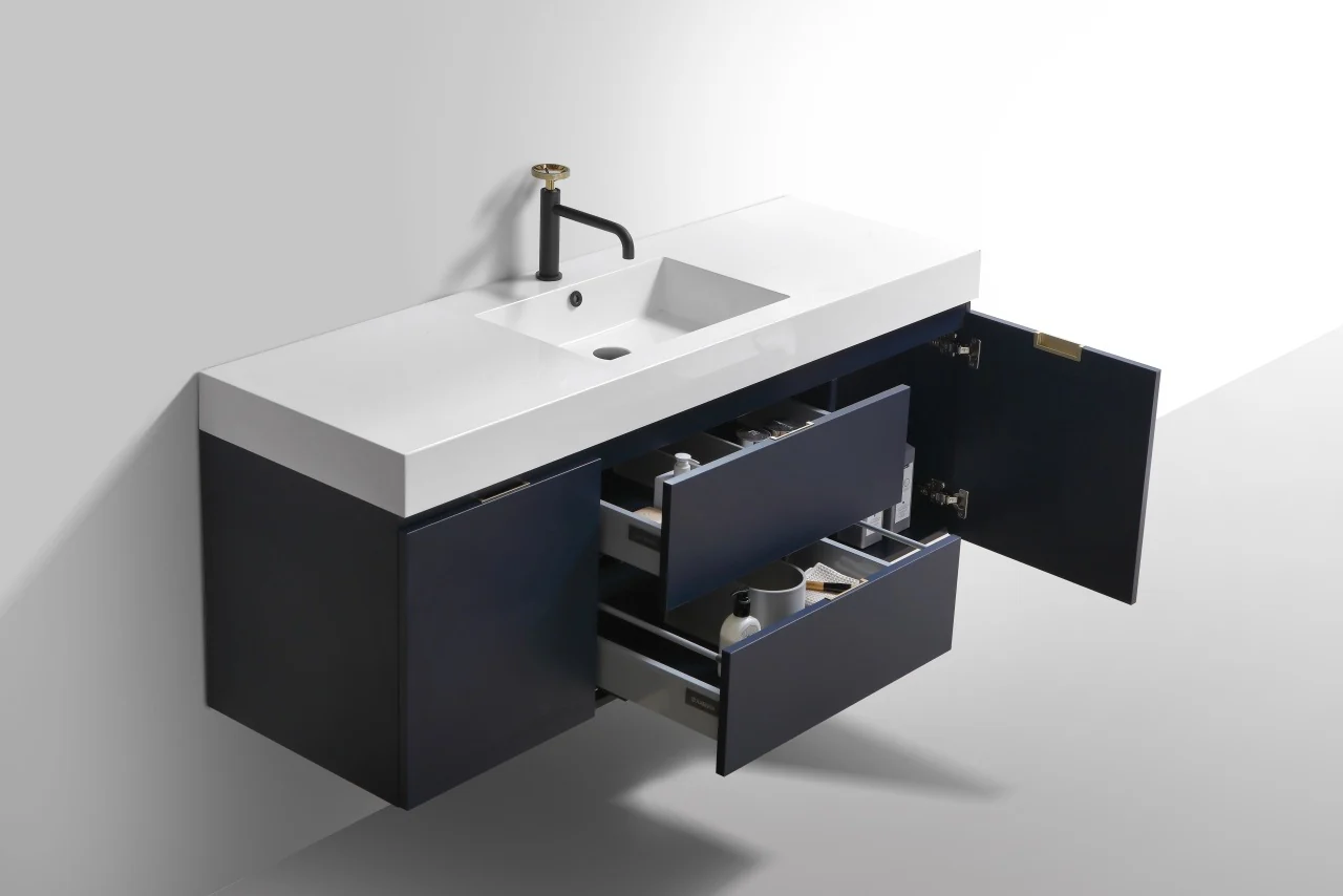 Bliss 60″ Inch Navy Blue Wall Mount Single Sink Modern Bathroom Vanity - Image 5