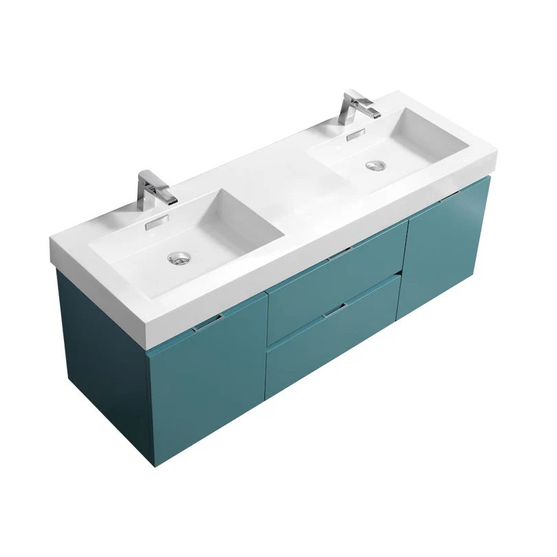 Bliss 60″ Inch Teal Green Wall Mount Double Sink Modern Bathroom Vanity