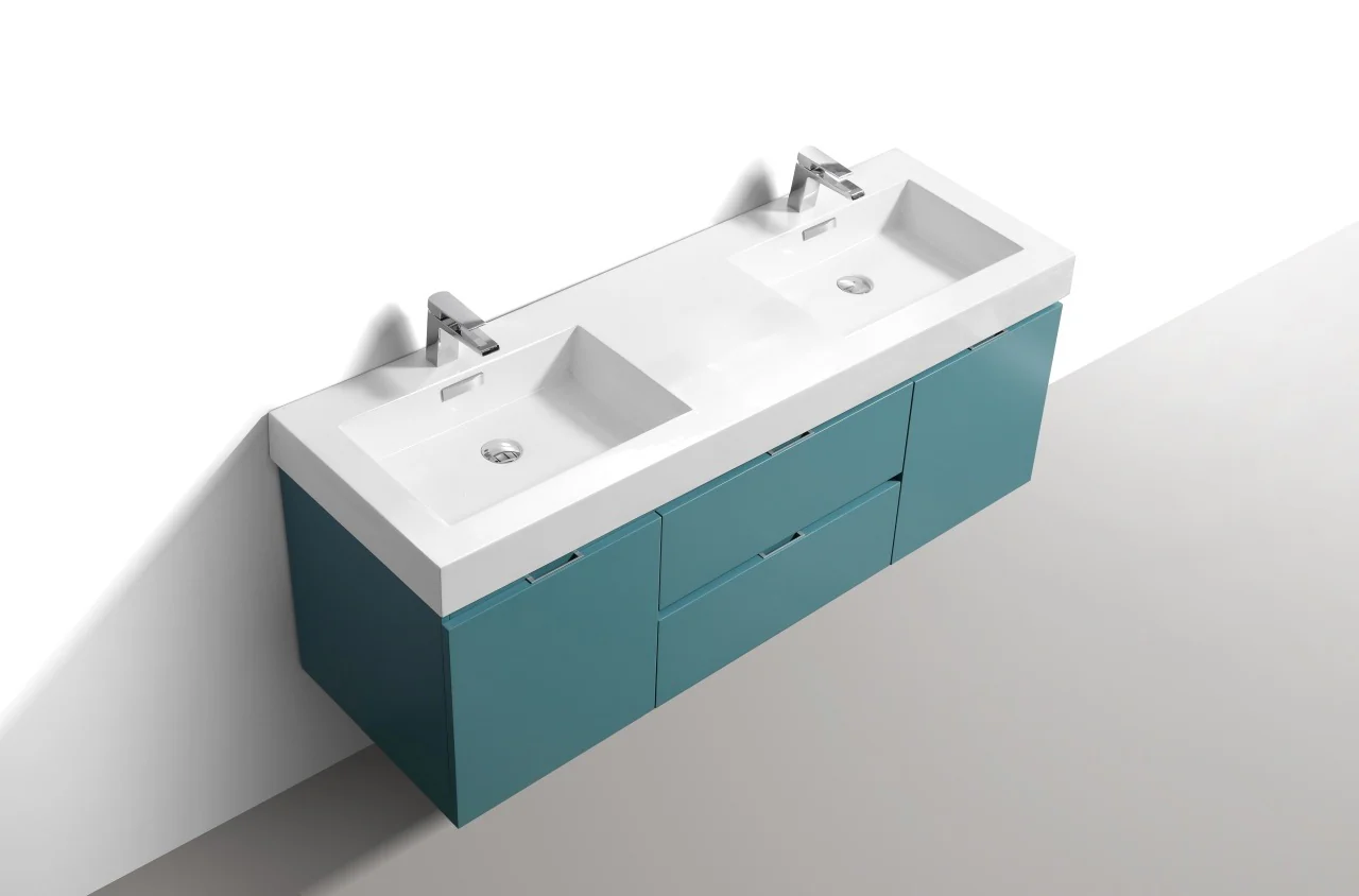 Bliss 60″ Inch Teal Green Wall Mount Double Sink Modern Bathroom Vanity - Image 2