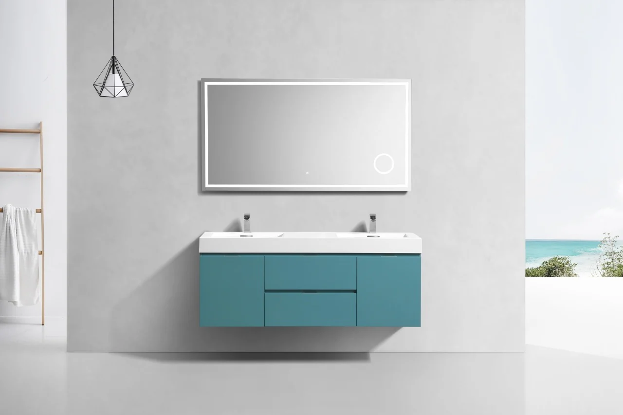 Bliss 60″ Inch Teal Green Wall Mount Double Sink Modern Bathroom Vanity - Image 3