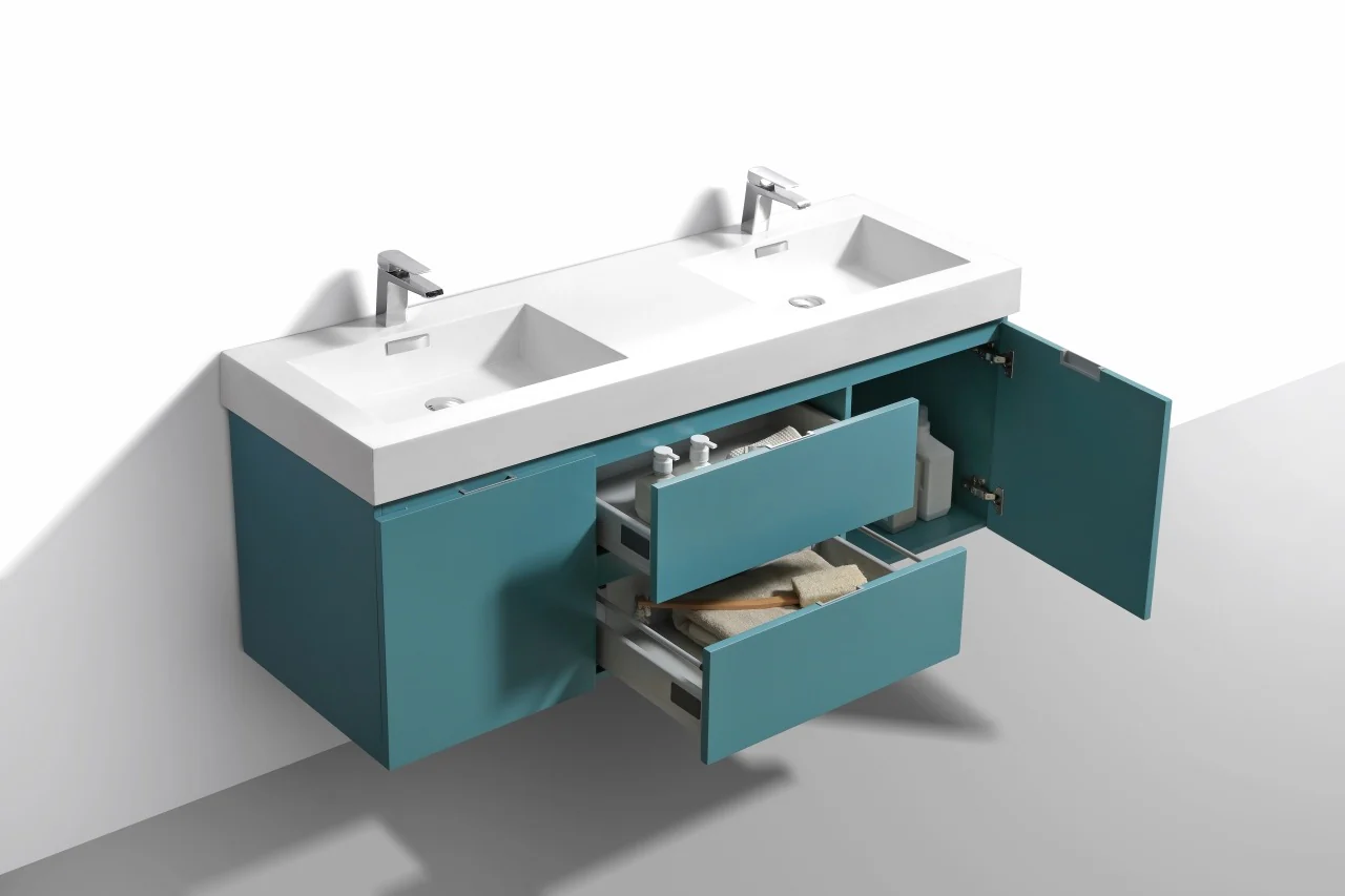 Bliss 60″ Inch Teal Green Wall Mount Double Sink Modern Bathroom Vanity - Image 4
