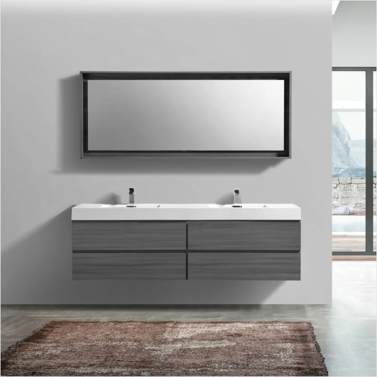 Bliss 72″ Vulcan Ash Grey Wall Mount Double Sink Modern Bathroom Vanity - Image 2