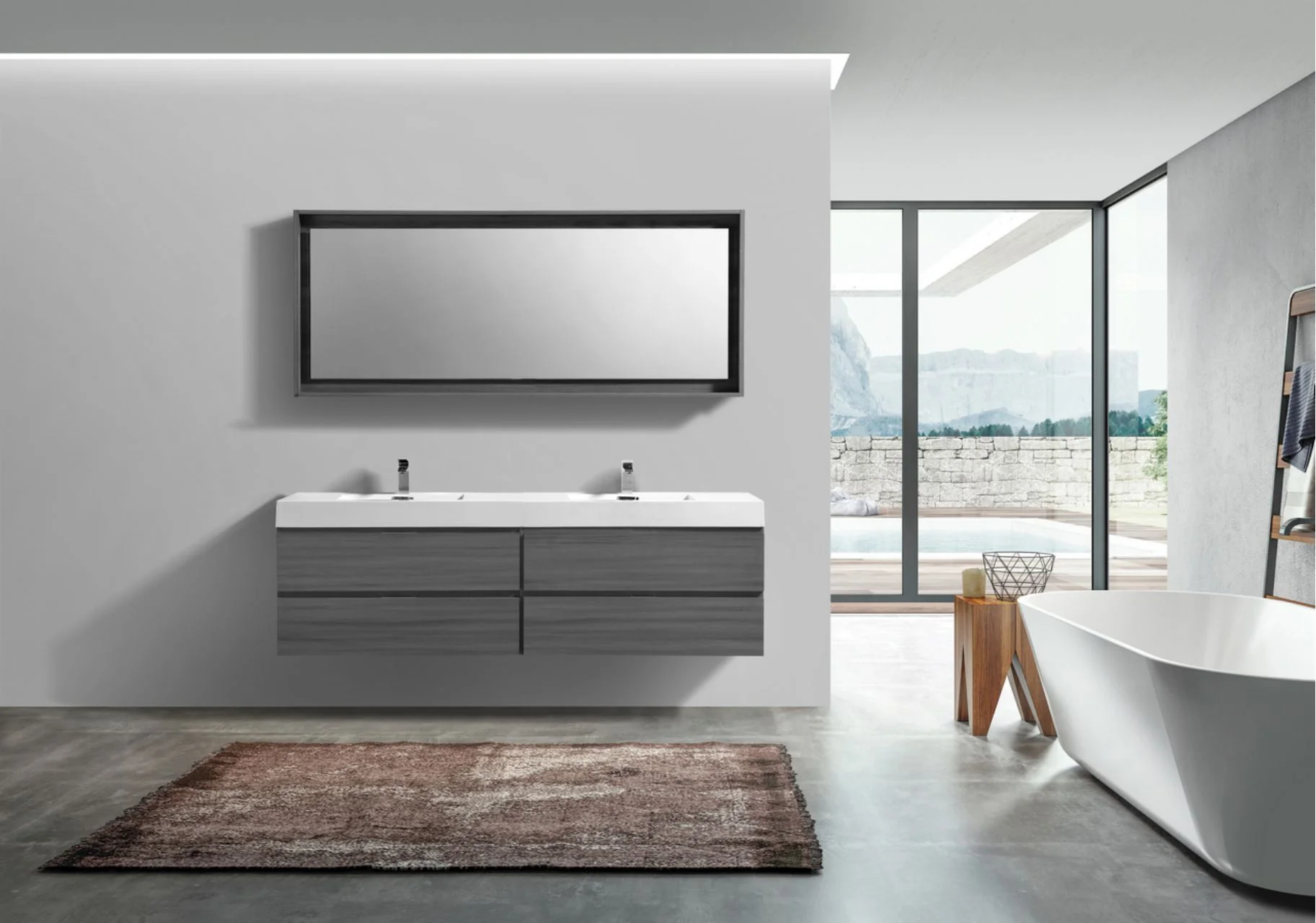 Bliss 72″ Vulcan Ash Grey Wall Mount Double Sink Modern Bathroom Vanity - Image 4