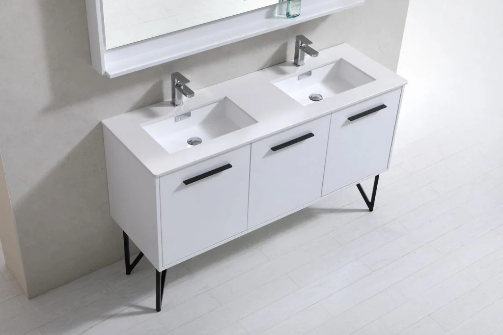 Bosco 60″ Inch Double Sink High Gloss White Modern Bathroom Vanity W/ White Countertop - Image 4