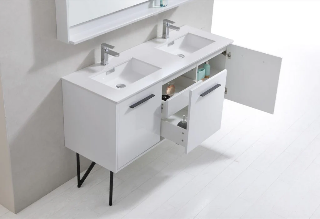 Bosco 60″ Inch Double Sink High Gloss White Modern Bathroom Vanity W/ White Countertop - Image 5