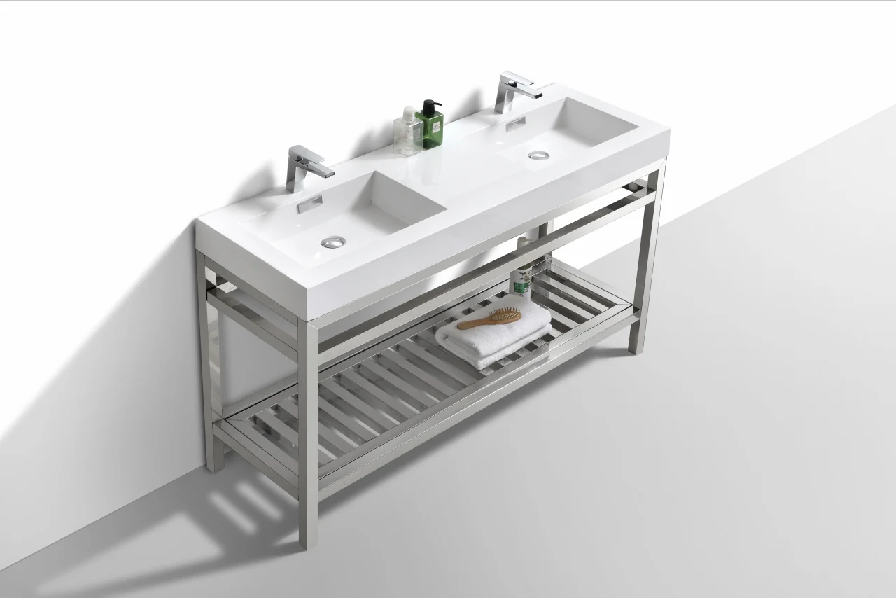 Cisco 60″ Inch Double Sink Stainless Steel Console W/ White Acrylic Sink – Chrome - Image 4